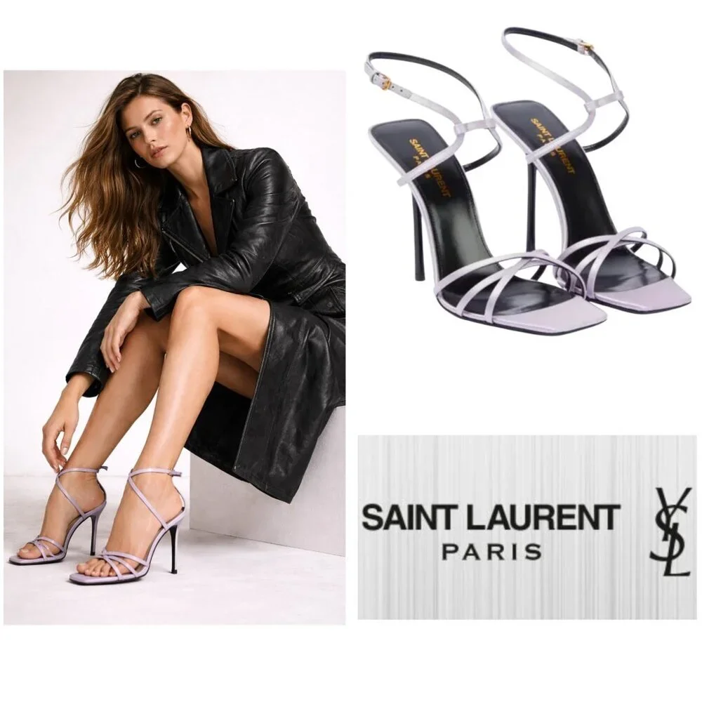 Saint Laurent Paris Satin Strappy Heels Light Lavender Black 36.5 EU - Picture 1 of 16